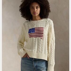 Polo by Ralph Lauren Aran-Knit Flag Cotton Sweater LARGE
